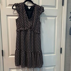 J. Crew Factory Black and Cream Floral Ruffle V-Neck Mini Dress